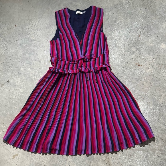 Ramy Brook Striped Pink Pleated Mini Dress Sleeveless Size 8 Designer